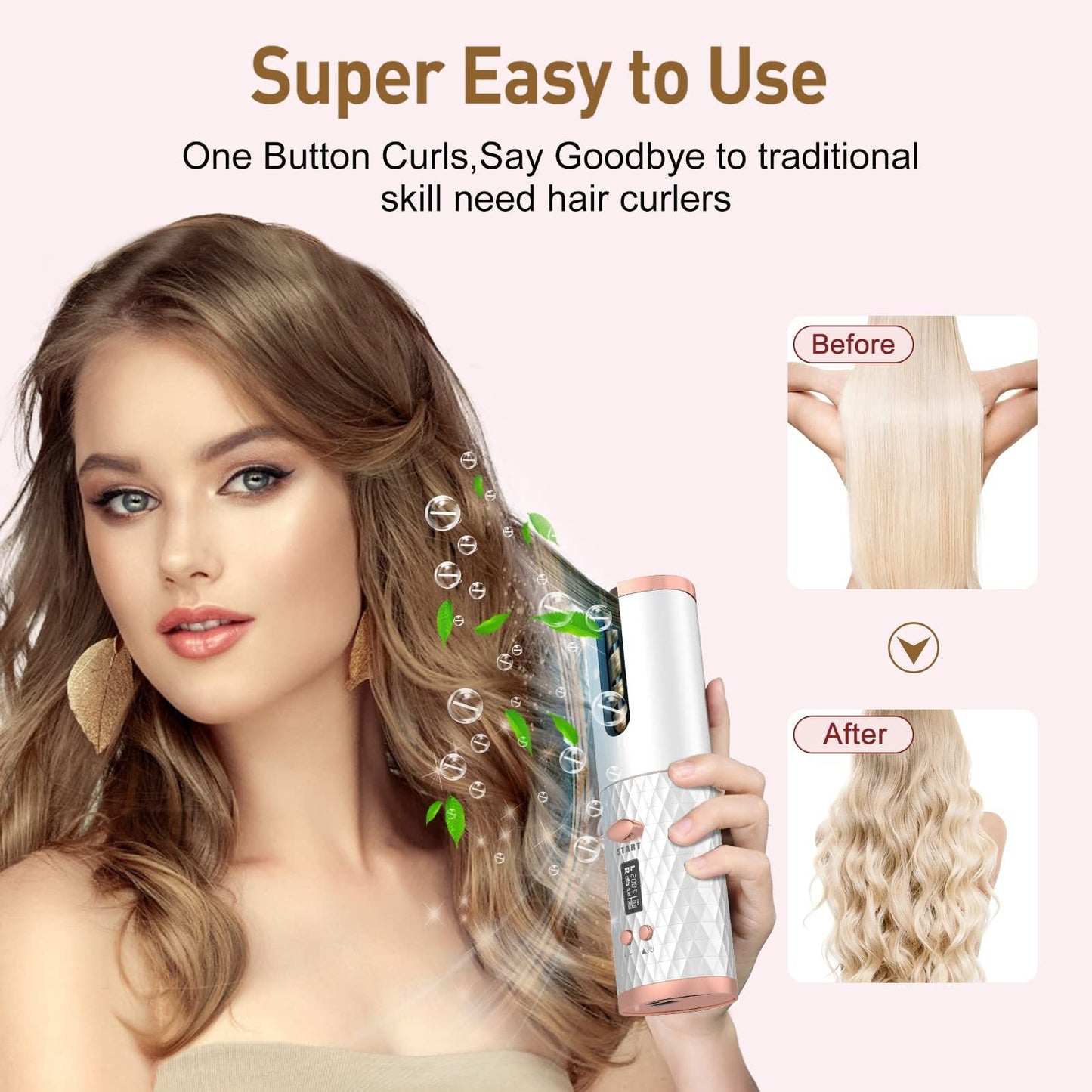 Portable Automatic Hair Curler, Ceramic Rotating Wireless Auto Curling